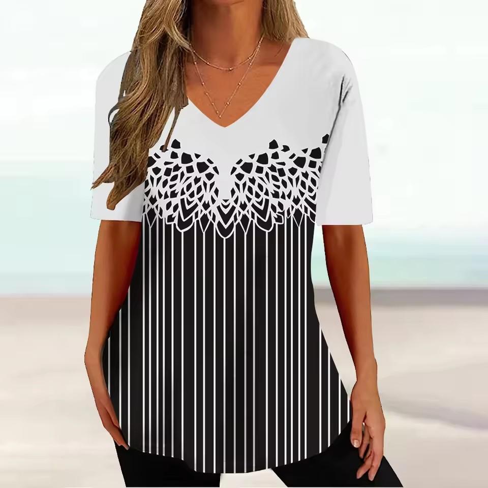Vintage V-neck Women's T-shirt Summer Outdoor Casual Short Sleeve Tops Fashion Black Stripe Printing OverSize Clothing