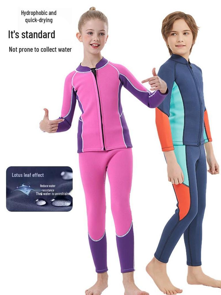 Kids' 3mm Neoprene Wetsuit with Fleece, Men's Long Sleeve Sun Suit, Women's Quick-Dry Surf Suit