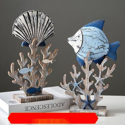 Mediterranean Style Wooden Small Fish Ornament Shell Coral Decoration  Model Room, Soft Decoration TV Cabinet Table