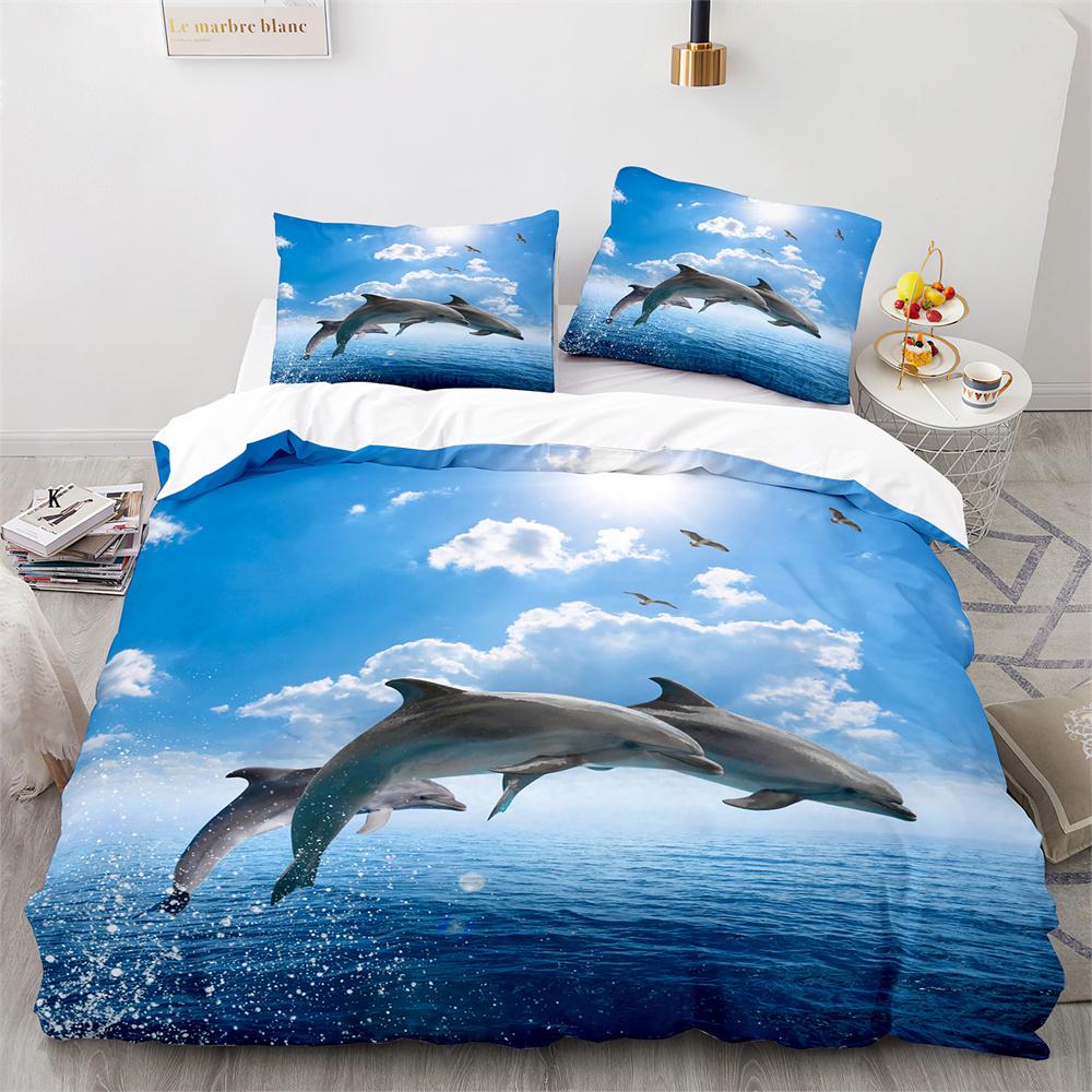 Dolphin Duvet Cover King Queen Size Lovely Sea Life Bedding Set For Kids Boy Girl Cute Ocean Animal 2/3pcs Polyester Quilt Cover