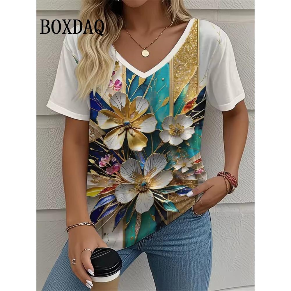 Summer retro floral T-shirt for women, tie dye 3D printed loose short sleeved shirt