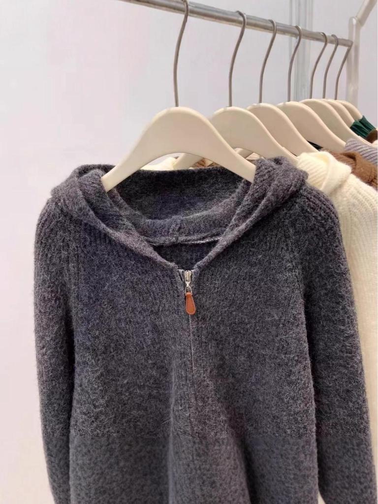 Women's Autumn/Winter Double Zipper Fluffy Hooded Knit Cardigan Sweater
