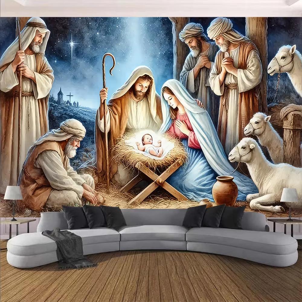 

Nativity Scene Tapestry Wall Hanging Christmas Backdrop Wall Fabric with Jesus Shepherds Animals Christmas Indoor Outdoor Decor 74x94cm(29x37in)