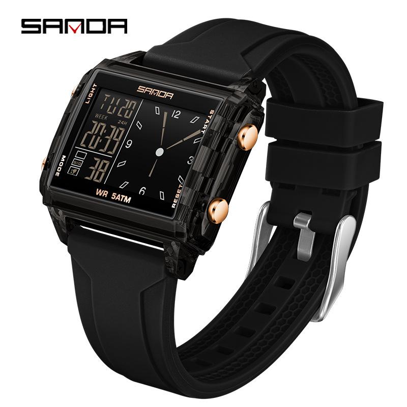 Sanda Waterproof Luminous Sports Watch: Square, Transparent Timer for Students