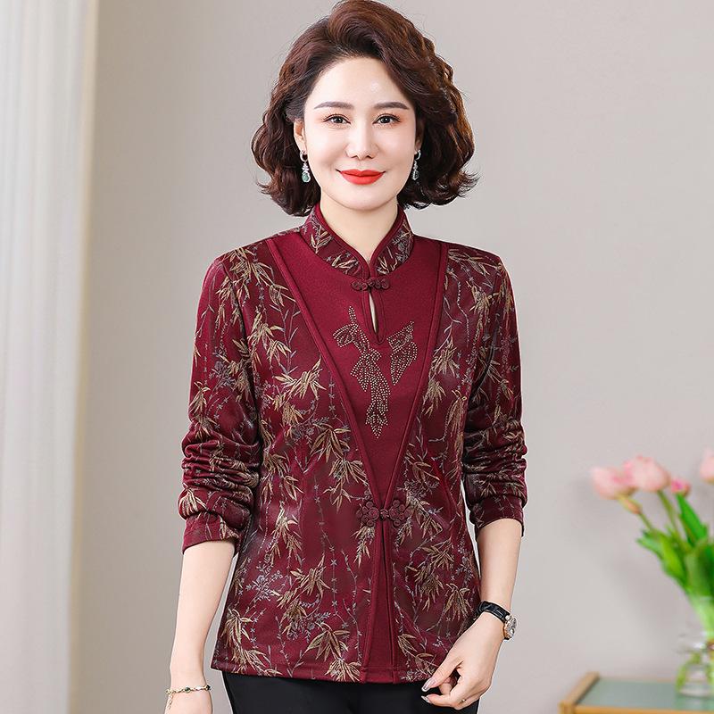 Spring Outfit: New Chinese Style Long Sleeve T-Shirt for Middle-Aged and Elderly Women, Plus Size Available