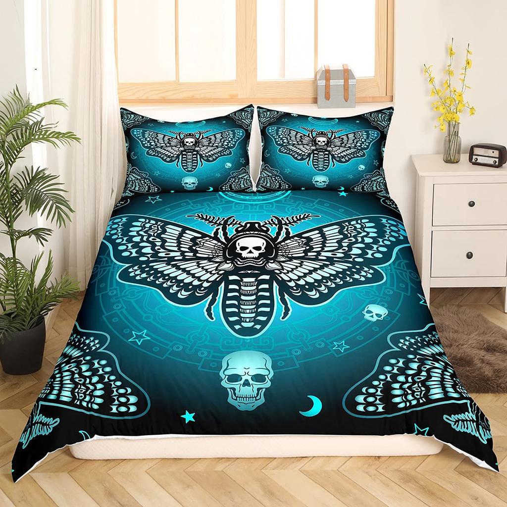 Black Death Moth Duvet Cover Set Gothic Skull Bedding Set Butterfly Bedclothes Moon Stars Polyester Quilt Cover for Kids Teens