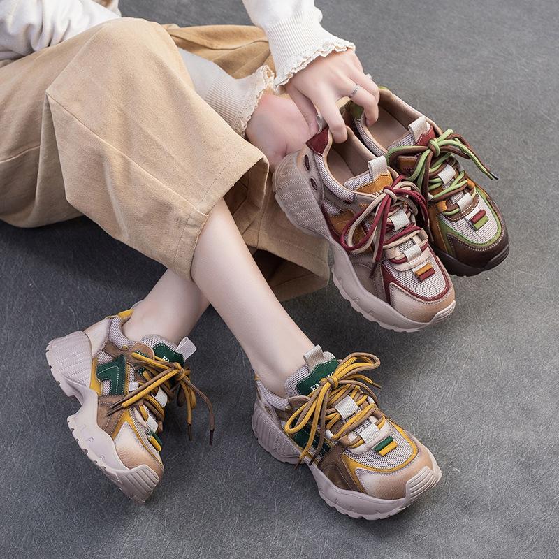 Fashion 4cm Air Mesh Genuine Leather Comfy Summer Hollow Ankle Boots Mixed Color Chunky Sneaker Women Vulcanize Fashion Shoes