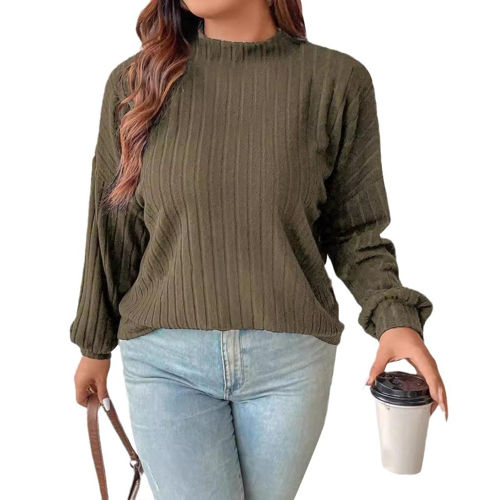 Women's Fashion Casual Strip Brushed Semi-high Neck Solid Color Long Sleeve Top