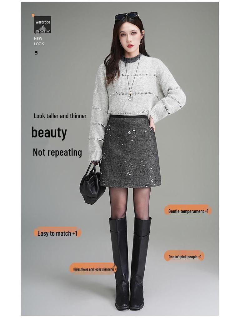 Elegant Coco Style Rhinestone High-Waisted A-Line Skirt - 2025 Autumn/Winter Petite Fashion