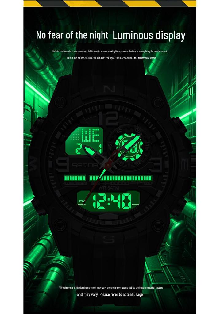 Sanda Men's Multifunctional Waterproof Sports Watch with Dual Display and Snooze Alarm