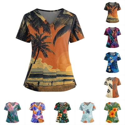 Uniforme/Top Feminino Havaiano com Estampa, Decote V, Bolsos Duplos e Manga Curta
