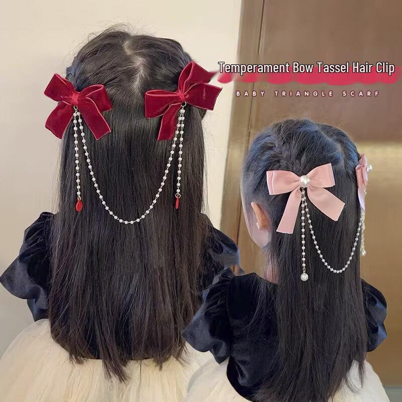 Dětská červená novoroční mašle do vlasů pro malou princeznu se střapci a perlami - Dívčí sváteční vlasový doplněk