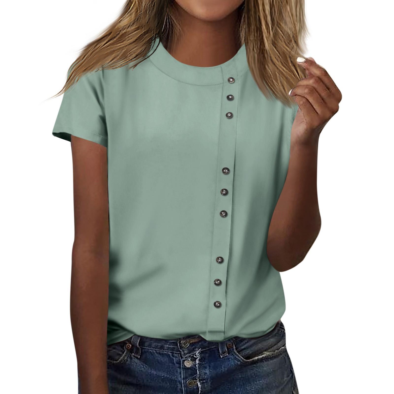 Женская модная повседневная футболка с круглым вырезом и декоративными пуговицами — фото 7