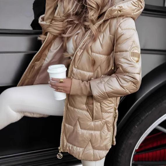 Winterjacke 2024, europäischer und amerikanischer Stil, Kapuze, drei Reißverschlüsse, mittellang, aus Baumwolle