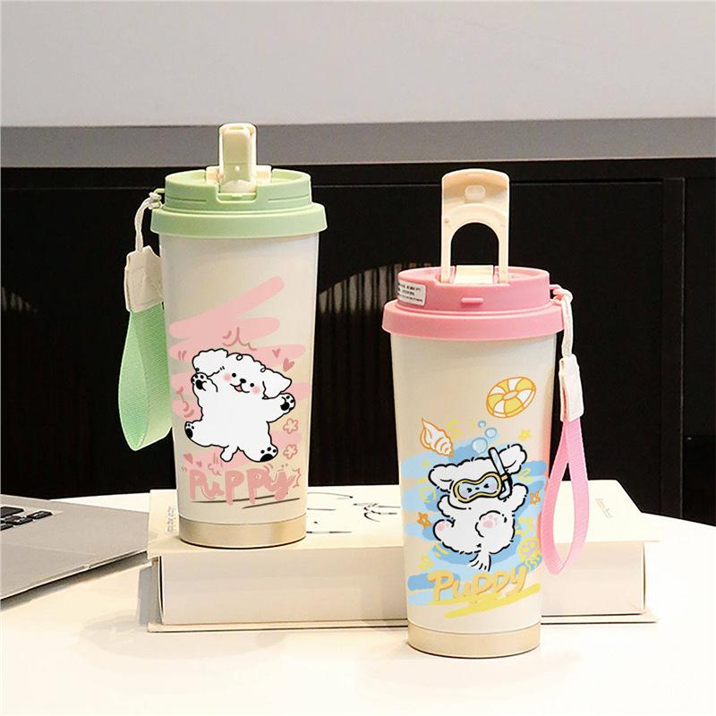 Cartoon puppy thermos cup male and female students cute couple straw large capacity sports coffee cup portable car cup