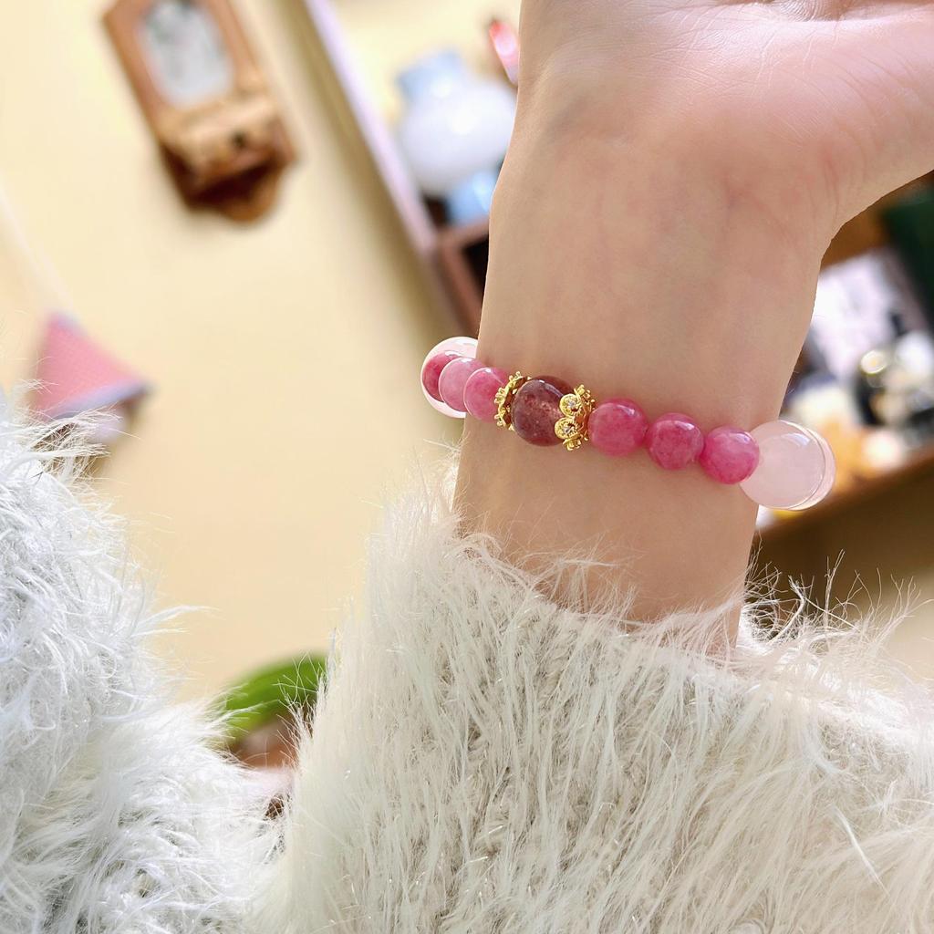 Garden Spring Colors: Red Veined Stone, Rose Cherry Blossom, Pink Crystal Strawberry Mixed Bracelet