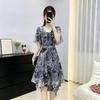 Printed V-neck chiffon dress, strap waist irregular skirt, daily commuting temperament medium and long skirt children