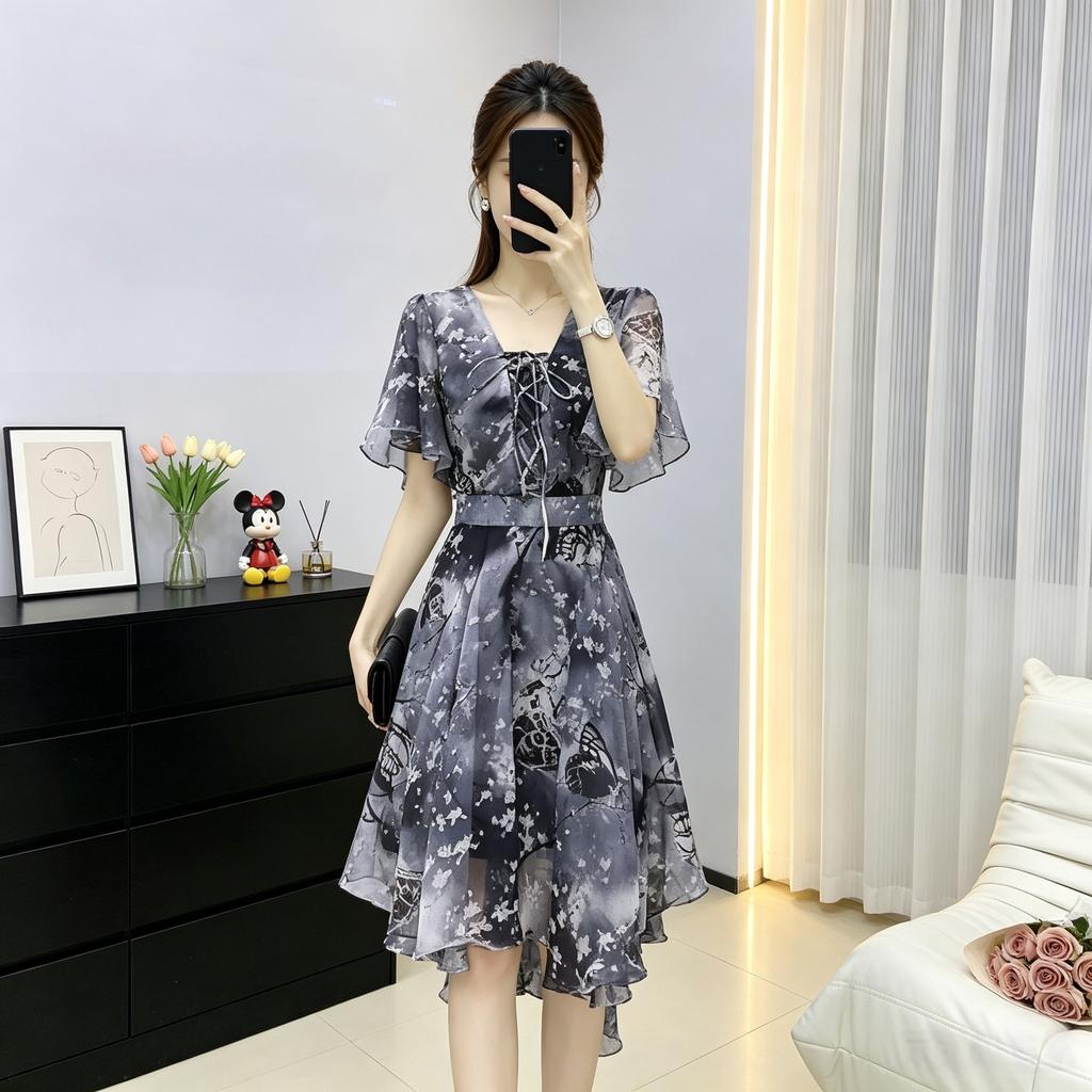Printed V-neck chiffon dress, strap waist irregular skirt, daily commuting temperament medium and long skirt children