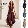 Relaxed Fit Women Suit Women's Halter Sleeveless Summer 2 Piece Sets, Pleated Ruffle Backless Lightweight Two-piece V Neck Top And Wide Leg