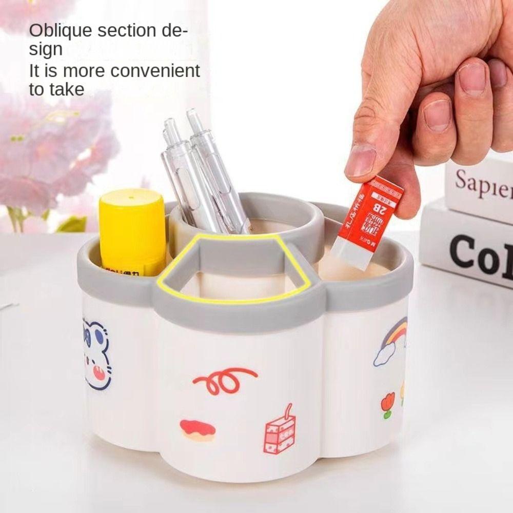 360° Rotating Pencil Organizer with Cartoon Sticker Makeup Brush Holder  School Office Supplies
