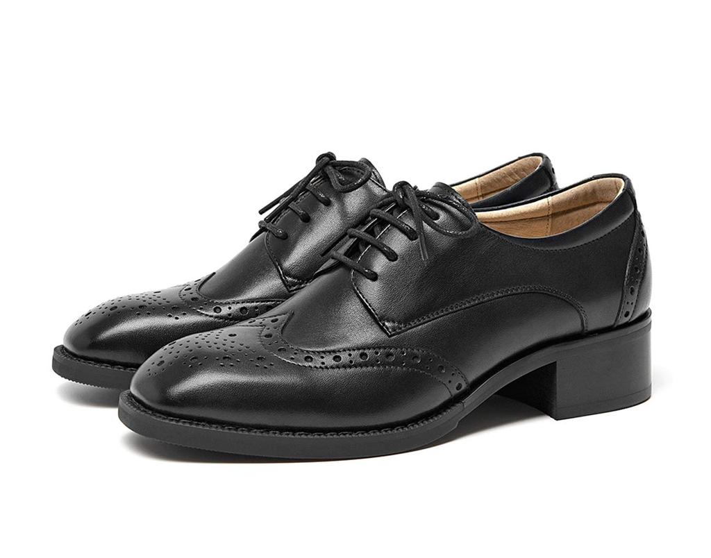 Genuine Thick Oxford [ZUYEE] Women's Lace-up Shoes, Leather, Wingtip, Heel, Shoes, Commuting, Black, 23.0cm