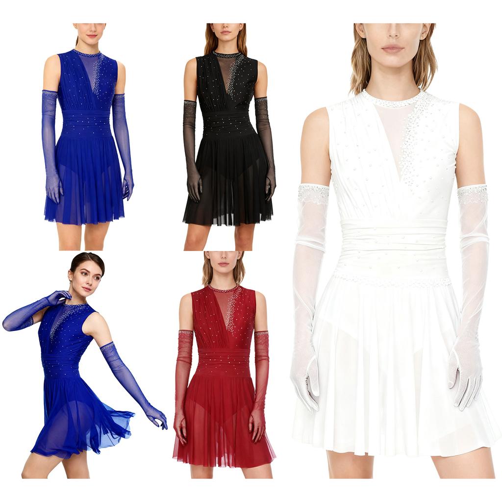 Womens Figure Skating Dress Long Gloves Sleeveless Sparkly Rhinestones Back Hollow Out Skirted Leotard