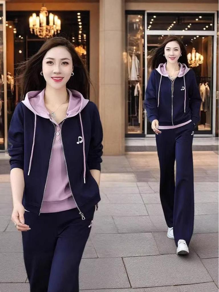 Women's Plus Size Hooded Sportswear Set - Spring/Autumn, Stylish, Youthful Fake Two-Piece, Loose, Fashionable Sweatshirt Two-Piece