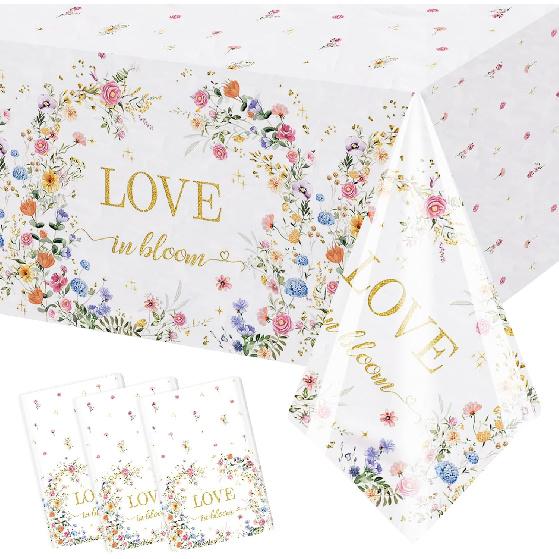 MEHOFOND 3 Pcs Love in Bloom Bridal Shower Tablecloth, Wildflower Wedding Showerr Plastic Disposable Tablecloth Rectangle Table Covers for Spring