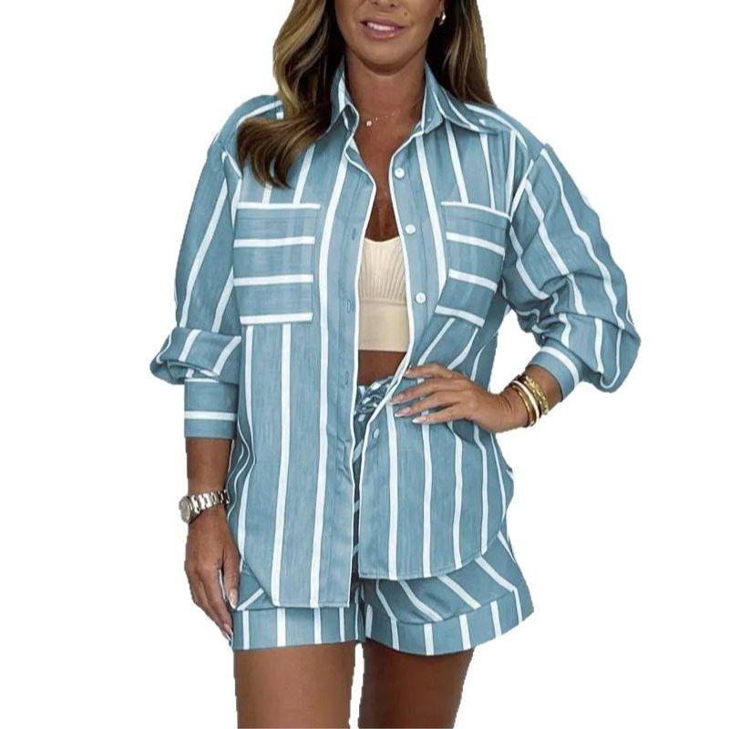 Summer Fashion Casual Women two-piece Stripe Shirts Shorts Set Ladies' Two-Piece Set