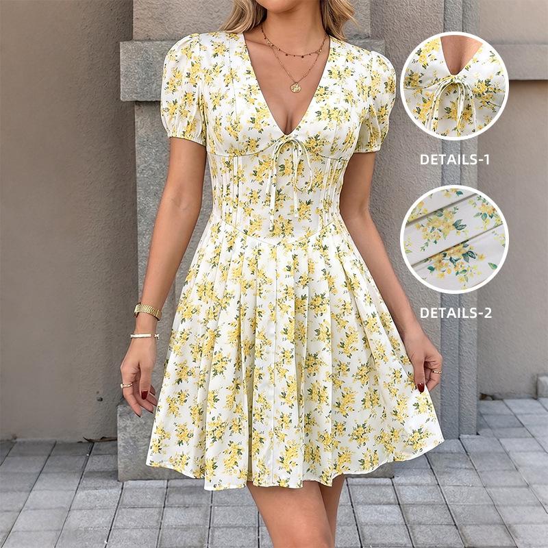Summer New Women Vintage Puff Short Sleeve V Neck Yellow Floral Print Dress Ladies Pleated Hem Female Holiday Mini Dress S