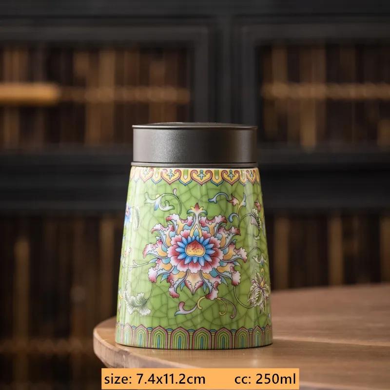 

250ml Exquisite Ceramic Tea Tin Aluminum Lid Sealed Jar Enamel Color Tea Box Travel Portable Moisture-proof Coffee Container 7.4x11.2cm 250ml