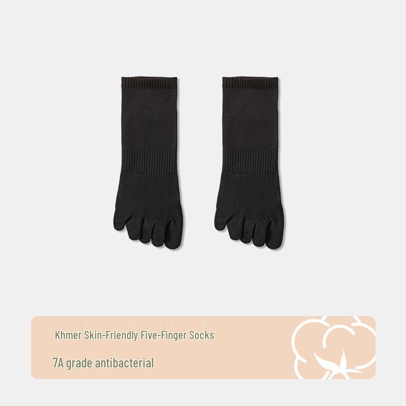 Men's Black & White Five-Toe Mid-Calf Cotton Socks - Anti-Odor, Spring/Summer