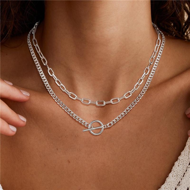 Silbernes doppellagiges Sicherheitsnadel-Kettenhalsband mit kubanischer OT-Schließe 42+46+5cm Gliederkette für Geschenk Hauptmaterial Messing S0870
