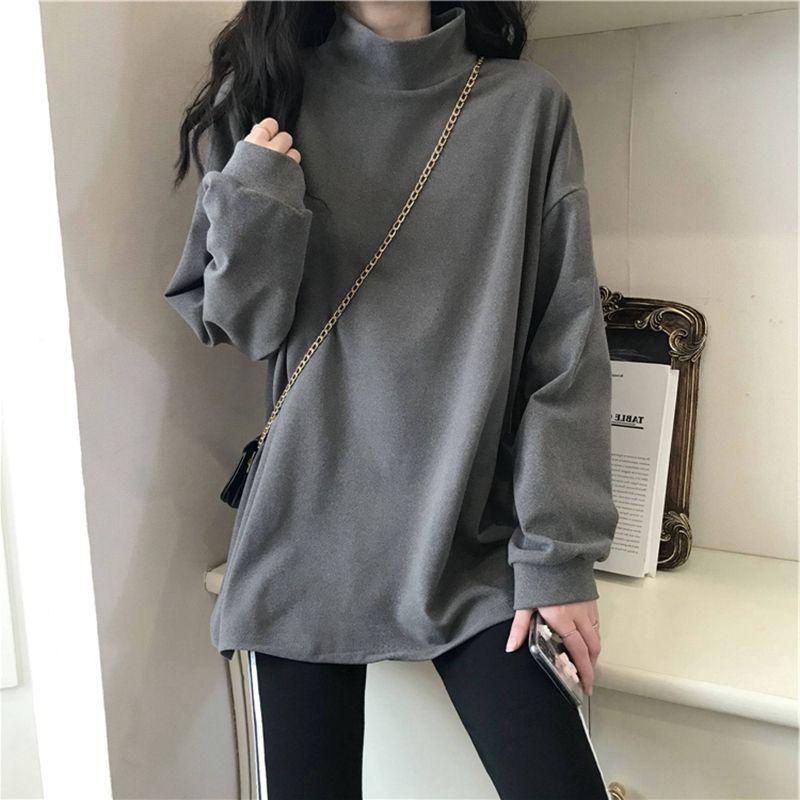 Semi-turtleneck solid color shirt autumn and winter new loose casual interior women 2XL серый