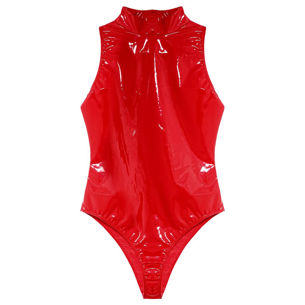 Womens Mock Neck Sleeveless Bodysuit Wet Look Patent Leather Catsuit High Cut Tight One Piece Jumpsuit