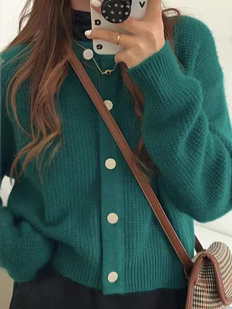 European 100% Pure Wool Knitted Cardigan: Women's Round Neck, Autumn/Winter, High-End Loose Fit Sweater Coat