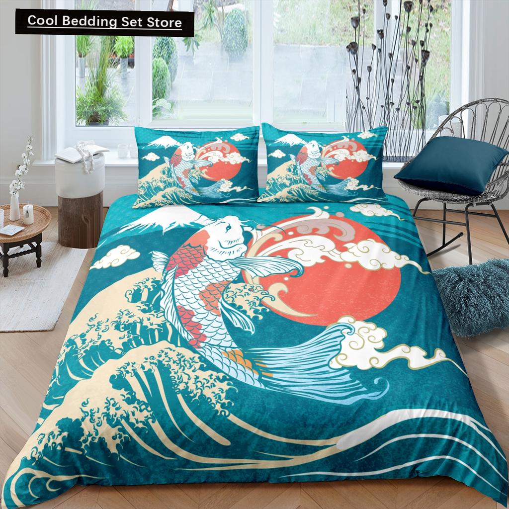 Japanischer Kranich-Bettbezug, King- und Queen-Size-Bettwäscheset mit Wellenblume im Ukiyo-e-Stil, östliche Kultur, 2/3-teilig, Polyester-Bettbezug
