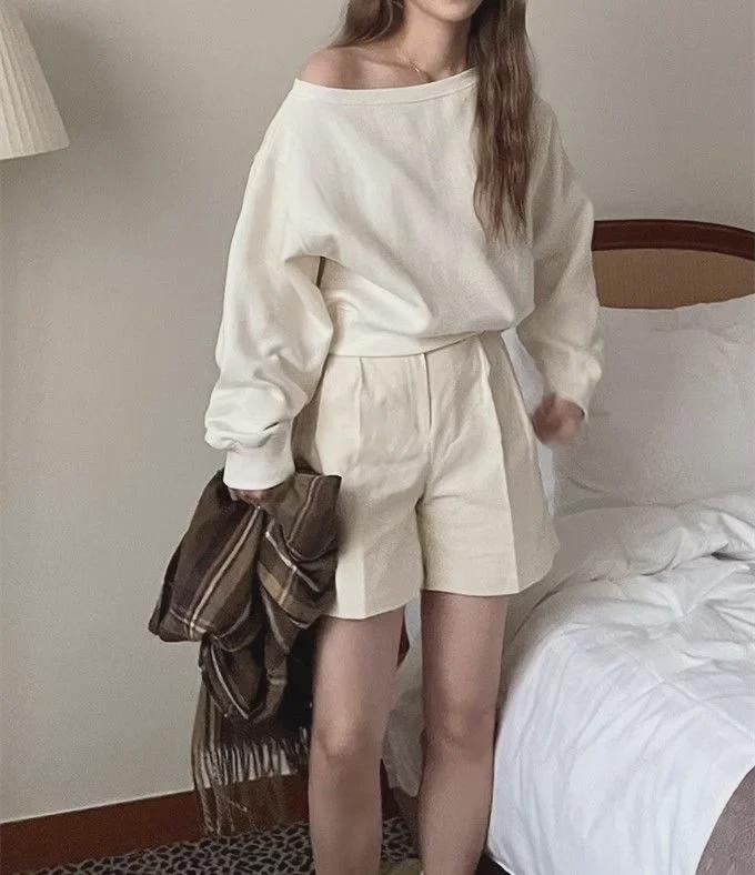 Women's Off-Shoulder Solid Color Sweatshirt, Casual Loose Fit, Long-Sleeved, Spring/Autumn.