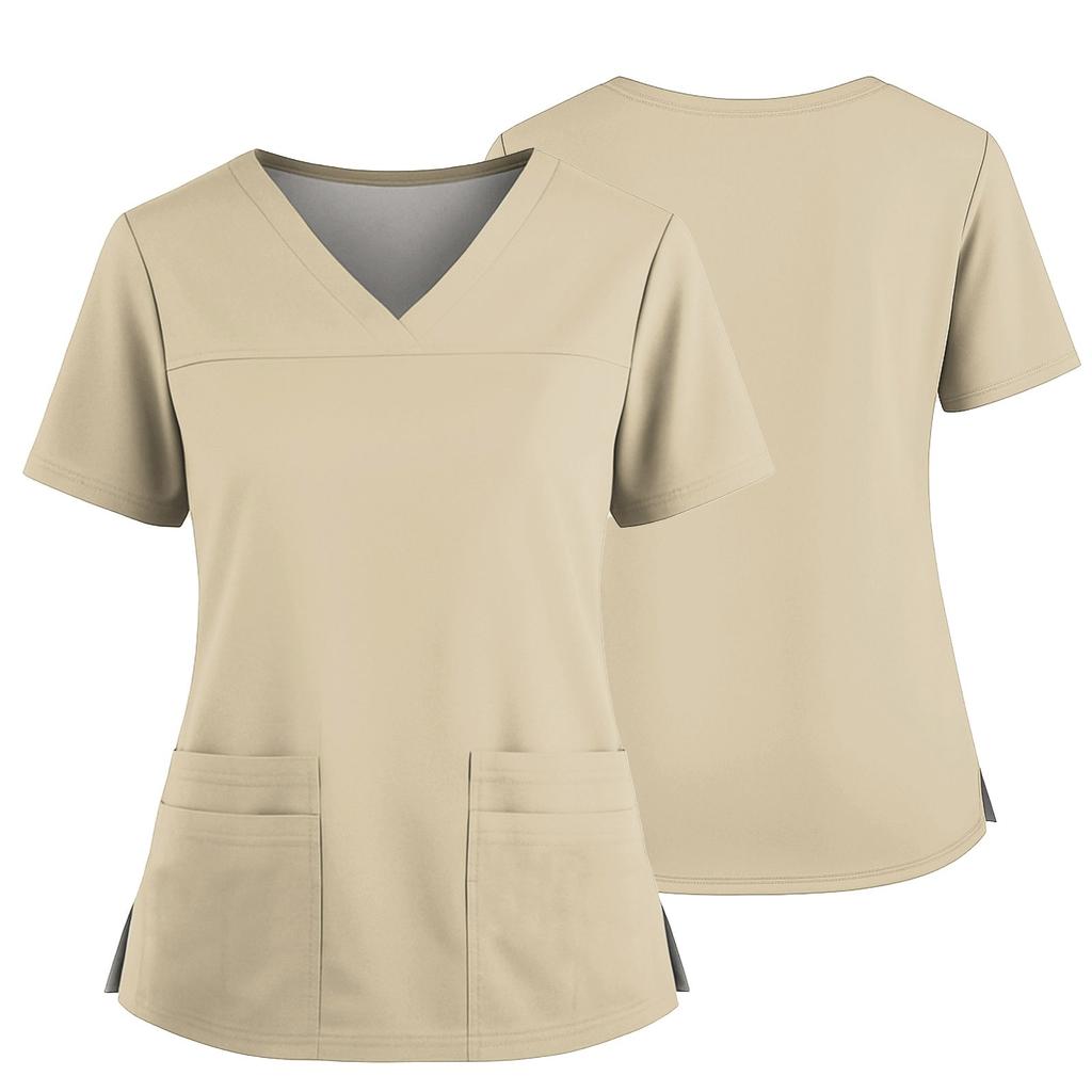 Women's Uniform Color V-Neck Pocket Side Slit Uniform Short Sleeved Top Top