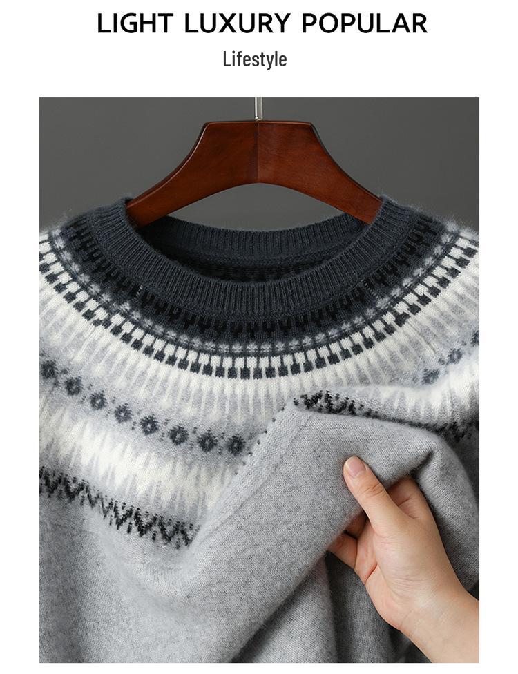 Men's Fair Isle Knit Cashmere Sweater - Round Neck, Retro Jacquard, Soft & Skin-Friendly, Thickened Design, Trendy Style