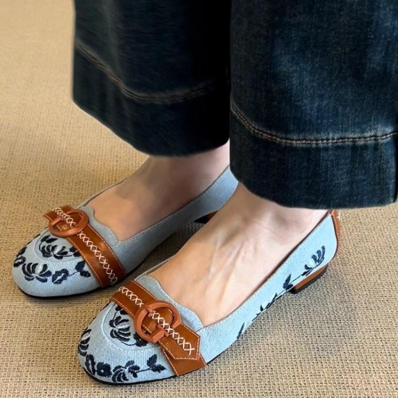 Mary Jane Shoes with Buckle Embroidered Slip-On Low Cut Ballet Flats Casual Women's Footwear Rubber Comfortable Summer