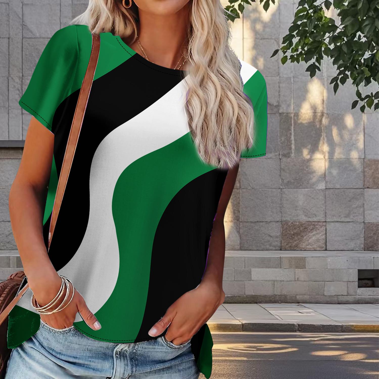 

Женская летняя футболка с геометрическим рисунком, ретро-мода, футболки с коротким рукавом, повседневные топы с принтом L зелёный