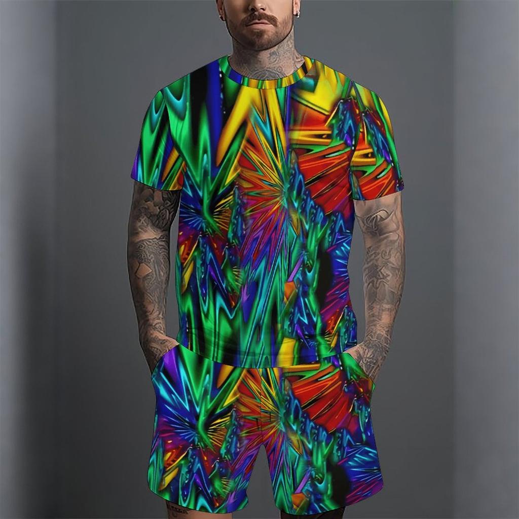 Men Black Gold Ethnic Peacock Border Print Short Sleeve Tee And Matching Shorts Two Piece Outfit