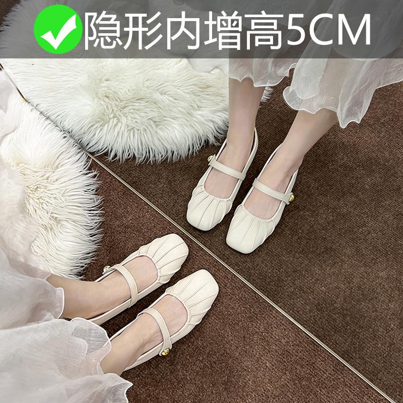 Square head low-heeled small leather shoes, new Mary Jane single shoes, women's outer wear, small inner height increase of 6cm, grandma shoes