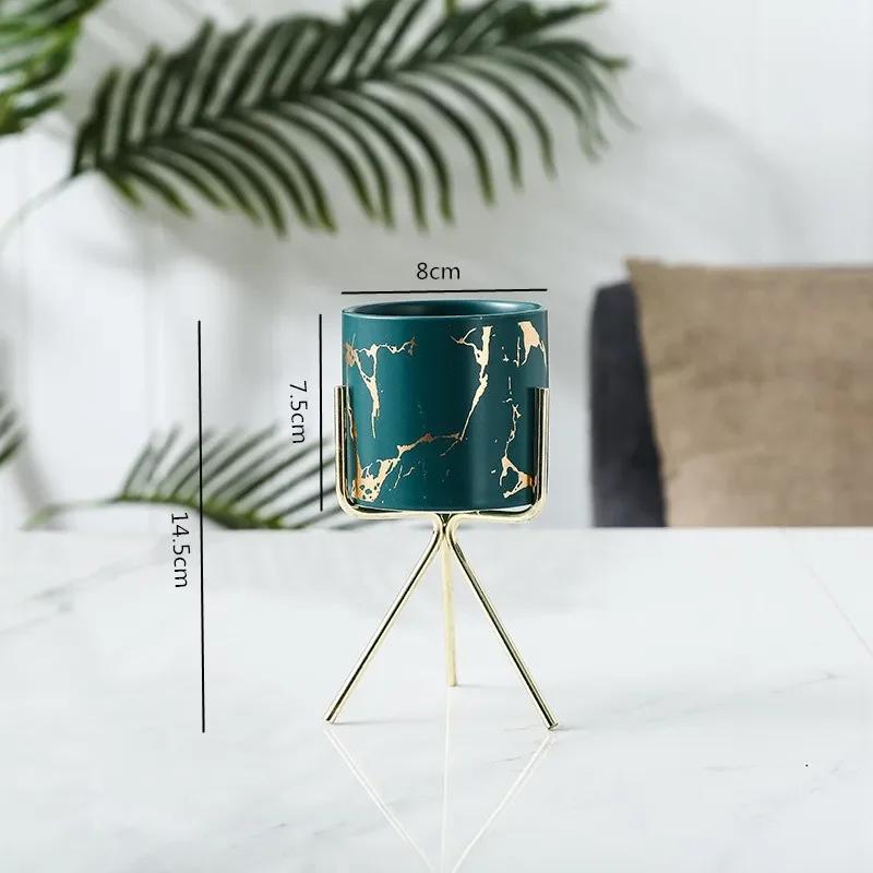 Nordic Ceramic Iron Art Marble Vase Pattern Rose Gold Green Table Plant Pot For Home Office Vases Decor Succulent Flower Pot