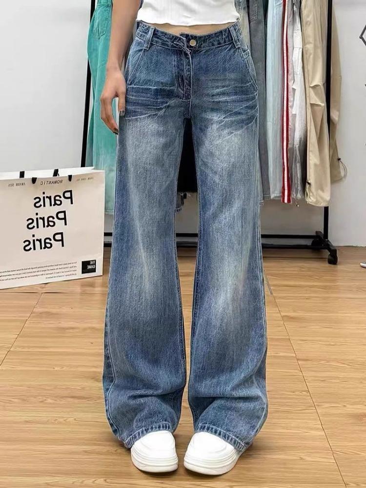 Large Size Micro Flare Washed Cracked Jeans Female Mid-waist Wide Leg Loose Design Sense Trailing Straight Trousers Jeans for Women Long Denim Pants