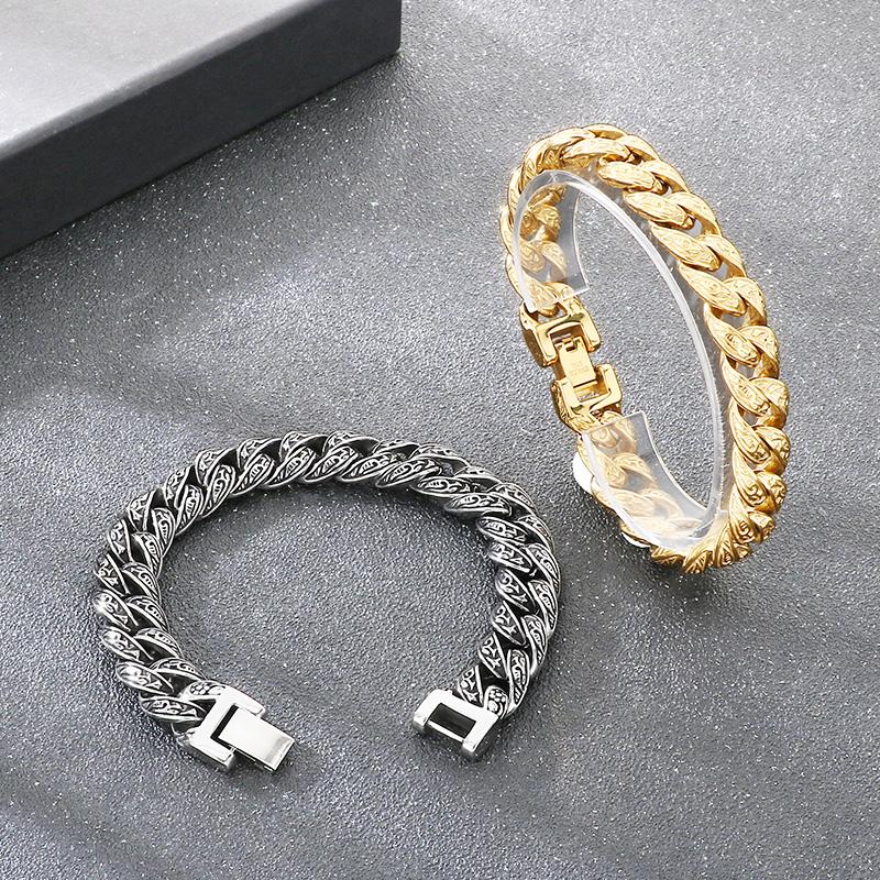 Hip Hop Stainless Steel Cuban Link Bracelet for Men Vintage Pattern Trendy Party Accessory Thick Charms Jewelry Gift for Party