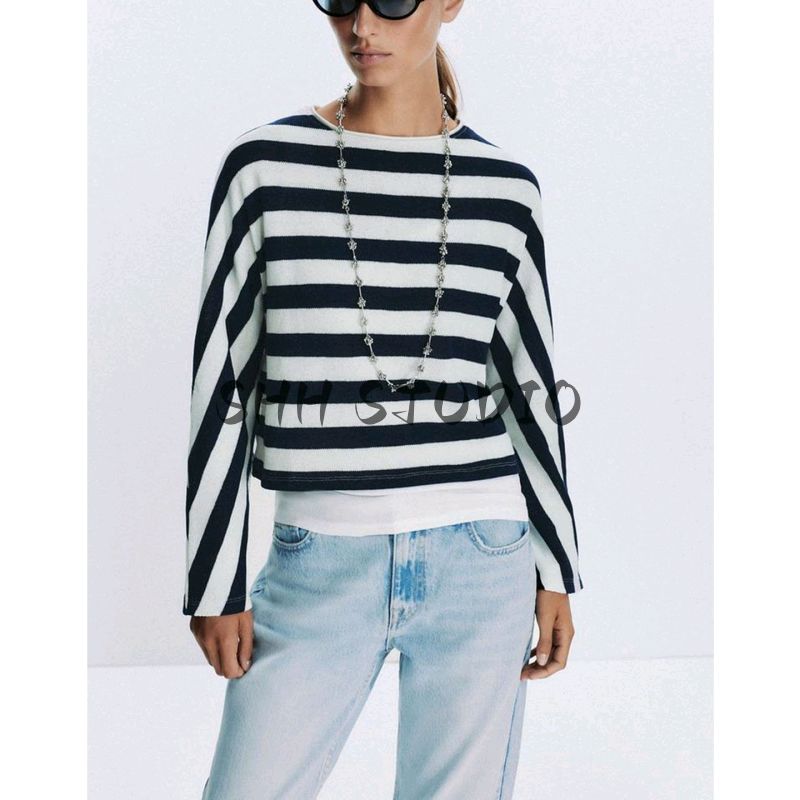 Fall New Women's Clothing French Cotton Loose round Neck Batwing Long Sleeve Stripes Fashion Tops 1165260