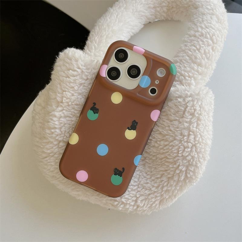 

Korean Style Colorful Polka Dot Black Cat iPhone 17/16 Pro Max/15/14 Case iPhone 15