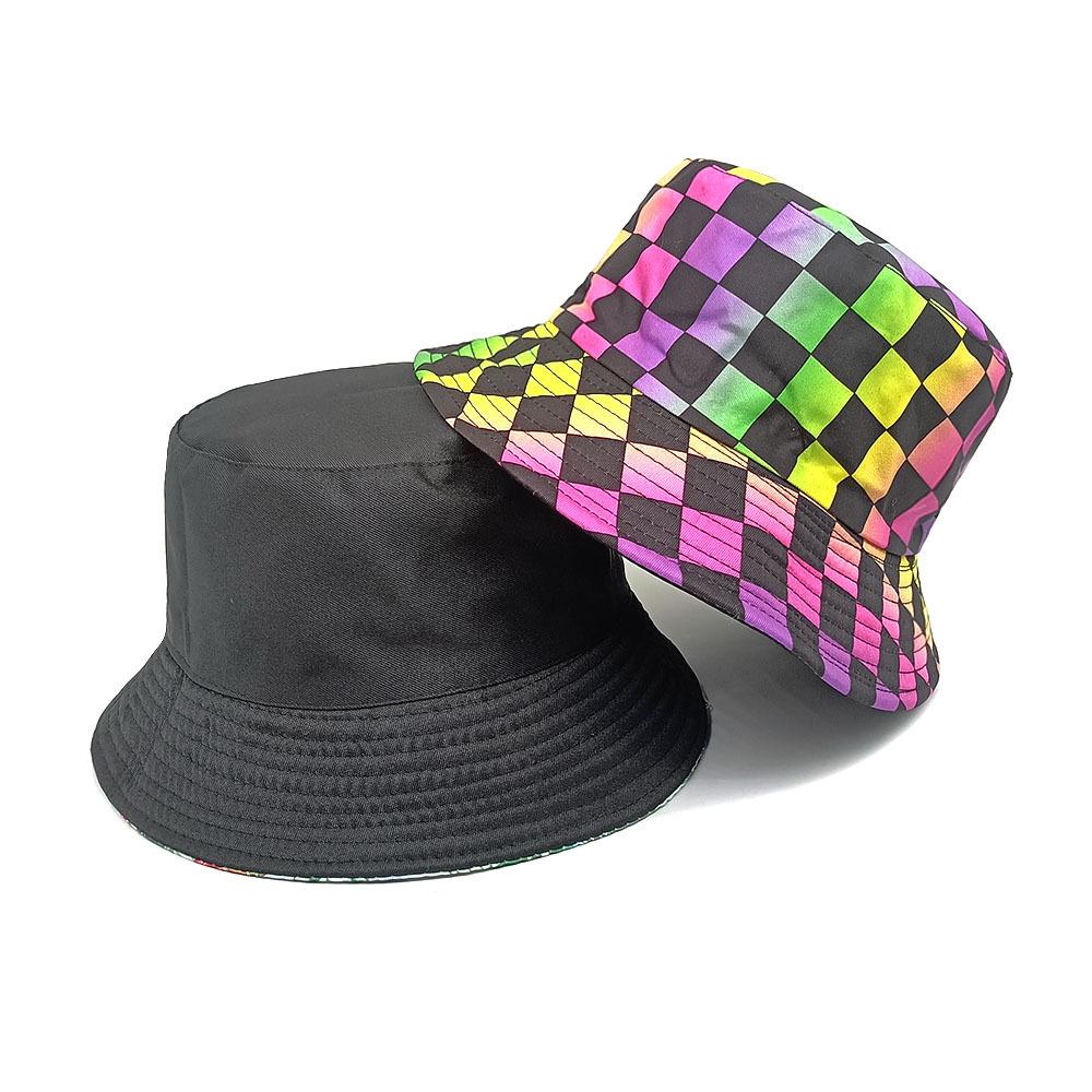 Spring/Summer Color Checkerboard Print Bucket Hat Cute Breathable Fisherman Cap Unisex Reversible Sunshade Fishing Hat